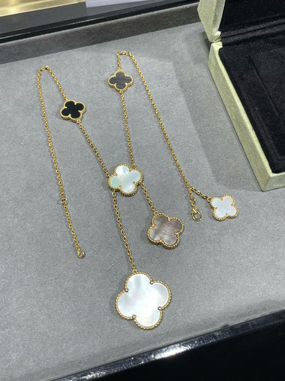 [Love Lucky]CLOVER 6 MOTIF MOP ONYX GOLD NECKLACE