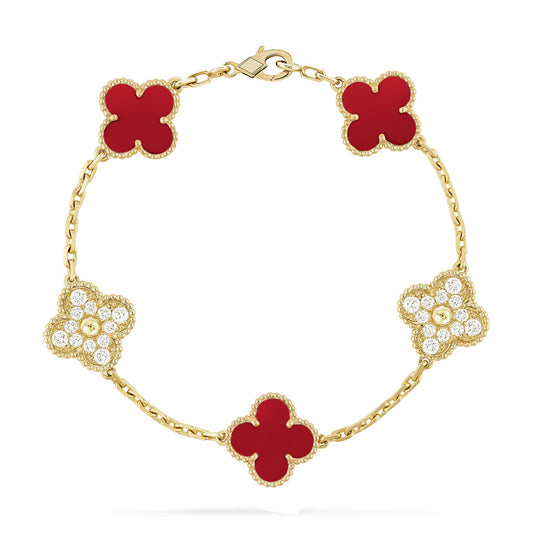 [Love Lucky]CLOVER 5 MOTIFS CARNELIAN DIAMOND BRACELET